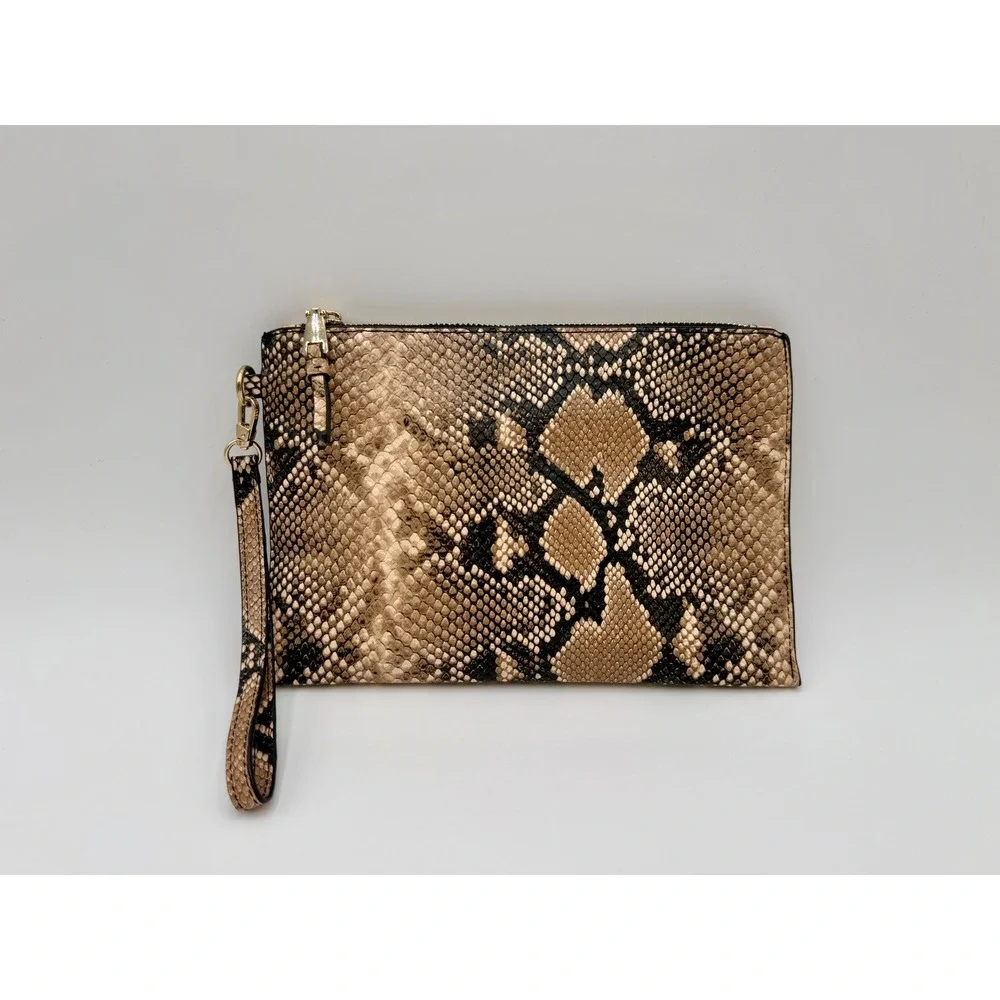 Snakeskin Print Wristlet Clutch Bag Brown Tan Faux Leather Zip Top Card Slots‎